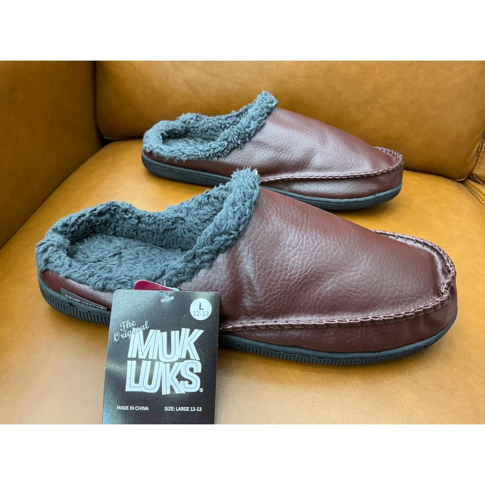 Muk Luks Scuff Slippers Mens Size L 12-13 Brown New Faux Fur Lining 16109-200
